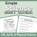 cover graphic for a Grade 4 Science Word Bank resource titled 'Simple Science: Natural Disasters'. The design features a sage green background with white and black text, showing two preview pages of the printable worksheet and word bank activities.