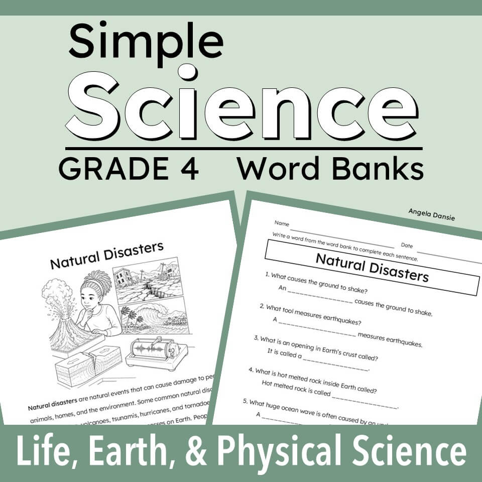 cover graphic for a Grade 4 Science Word Bank resource titled 'Simple Science: Natural Disasters'. The design features a sage green background with white and black text, showing two preview pages of the printable worksheet and word bank activities.