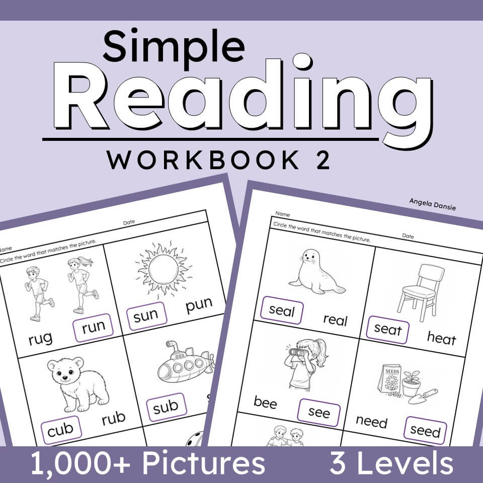 Cover and preview of a reading workbook titled "Simple Reading Workbook 2" on a lavender background, with sample worksheet pages showing black-and-white activity images and text such as "1,000+ Pictures" and "3 Levels.".