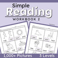 Cover and preview of a reading workbook titled "Simple Reading Workbook 2" on a lavender background, with sample worksheet pages showing black-and-white activity images and text such as "1,000+ Pictures" and "3 Levels.".