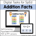 Promotional graphic for a digital educational product titled 'Addition Facts' for SpEd. The design shows a desktop monitor and tablet mockup displaying addition fact worksheets and multiple-choice addition options.