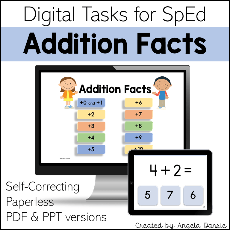 Promotional graphic for a digital educational product titled 'Addition Facts' for SpEd. The design shows a desktop monitor and tablet mockup displaying addition fact worksheets and multiple-choice addition options.