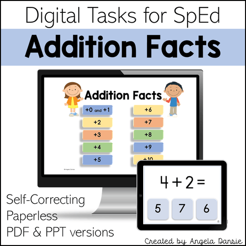 Promotional graphic for a digital educational product titled 'Addition Facts' for SpEd. The design shows a desktop monitor and tablet mockup displaying addition fact worksheets and multiple-choice addition options.