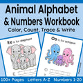 Animal Alphabet and Numbers Workbook cover.  Color, count, trace and write.  100+ pages.  Letters A-Z.  Numbers 1-20.