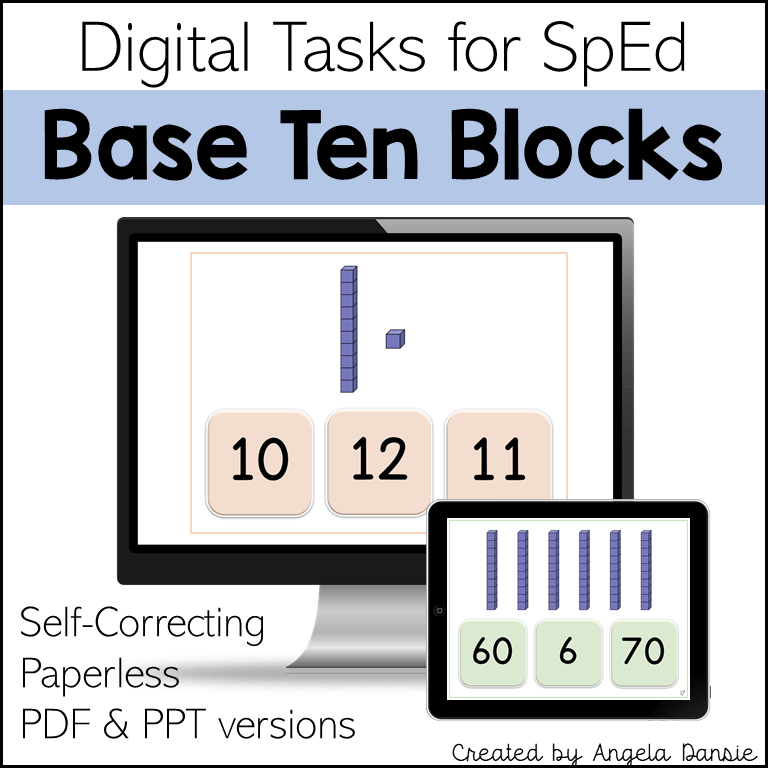 Digital product cover for 'Base Ten Blocks' digital tasks for SpEd, showing a computer monitor and tablet mockup displaying base ten block representations of numbers, with text noting self-correcting, paperless, PDF and PPT versions.