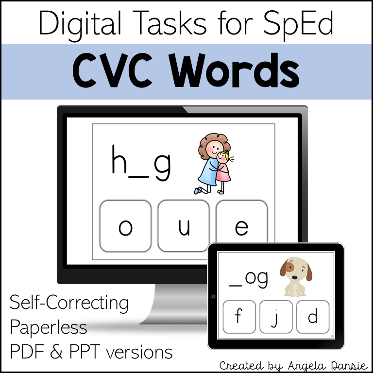 Digital product cover for 'CVC Words' educational tasks, showing a computer monitor and tablet mockup with example spelling activities, text reading 'Digital Tasks for SpEd', 'CVC Words', and 'Self-Correcting Paperless PDF & PPT versions'.