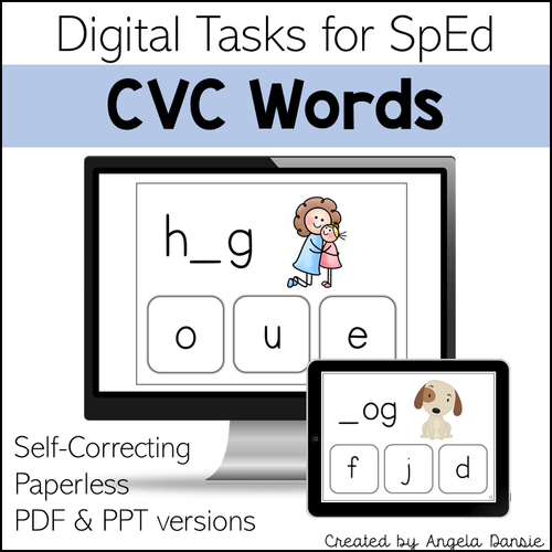 Digital product cover for 'CVC Words' educational tasks, showing a computer monitor and tablet mockup with example spelling activities, text reading 'Digital Tasks for SpEd', 'CVC Words', and 'Self-Correcting Paperless PDF & PPT versions'.