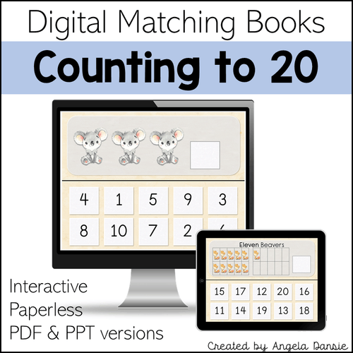 Digital Matching Books: Counting to 20 educational printable set shown on a computer monitor and tablet screen, with text noting interactive, paperless, PDF & PPT versions.