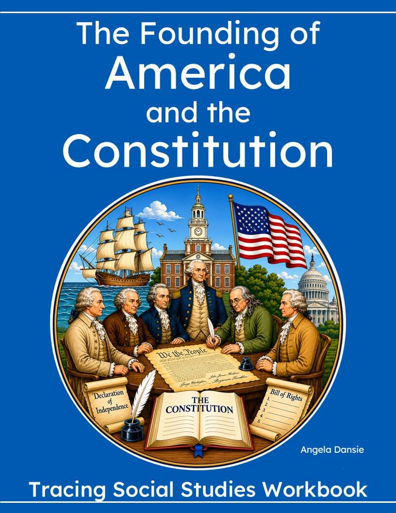 Book cover for 'The Founding of America and the Constitution' by Angela Dansie, featuring a blue background with white title text and a central circular illustration of historical figures, the U.S.