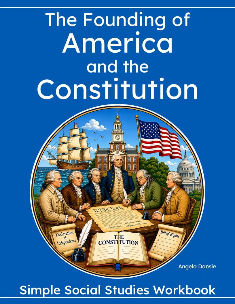 Book cover for 'The Founding of America and the Constitution' by Angela Dansie, featuring a blue background with white title text and a central circular illustration of historical figures, the U.S.