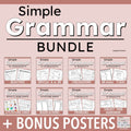 Promotional graphic for a 'Simple Grammar Bundle' by Angela Dansie, featuring a dusty pink background and text detailing various included grammar worksheets, booklets, picture cards, and bonus posters.