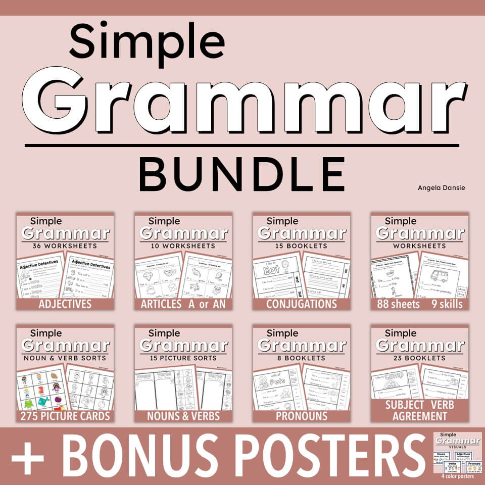Promotional graphic for a 'Simple Grammar Bundle' by Angela Dansie, featuring a dusty pink background and text detailing various included grammar worksheets, booklets, picture cards, and bonus posters.