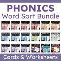 A product cover for a 'Phonics Word Sort Bundle' featuring a grid of 18 different printable worksheet and card bundle covers, with descriptive text on a white and purple background.