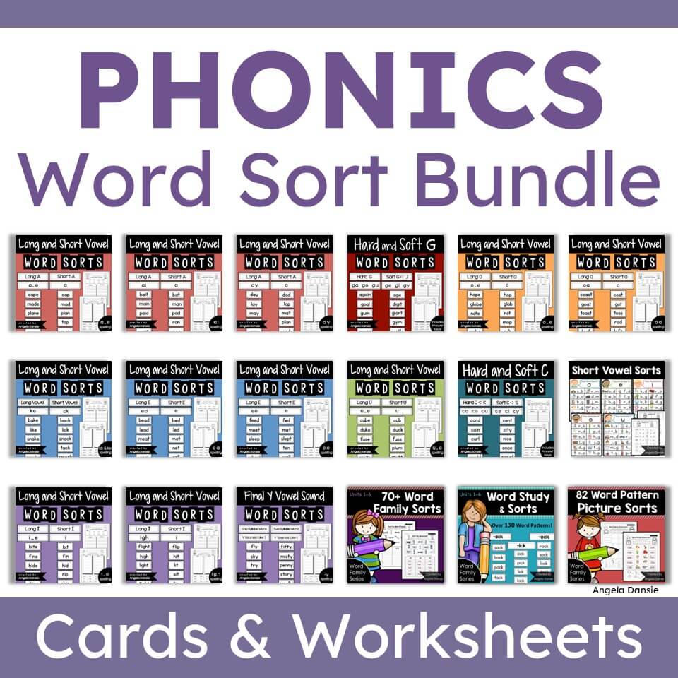 A product cover for a 'Phonics Word Sort Bundle' featuring a grid of 18 different printable worksheet and card bundle covers, with descriptive text on a white and purple background.