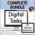 Promotional graphic for a digital bundle of self-correcting paperless tasks for special education, featuring a computer monitor and tablet mockup with text reading 'Complete Bundle' and 'Digital Tasks,' plus a badge that says 'for Special Education' and 'Created by Angela Danie.'.