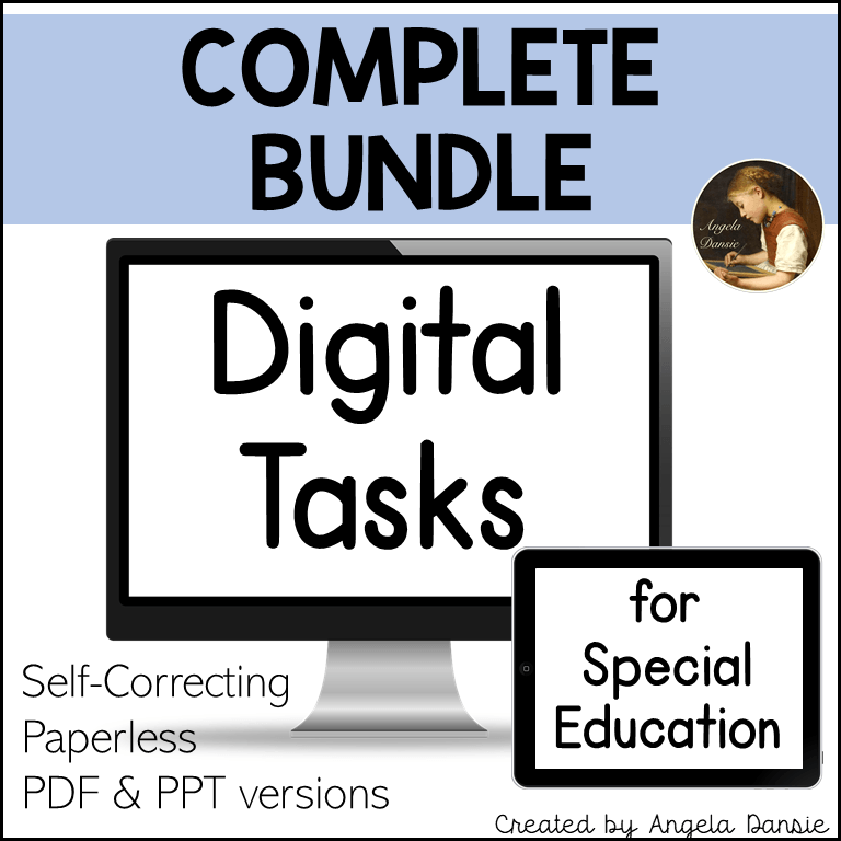 Promotional graphic for a digital bundle of self-correcting paperless tasks for special education, featuring a computer monitor and tablet mockup with text reading 'Complete Bundle' and 'Digital Tasks,' plus a badge that says 'for Special Education' and 'Created by Angela Danie.'.