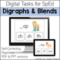Digital product cover for 'Digraphs & Blends' self-correcting paperless tasks for SpEd, showing a computer monitor and tablet mockup with example spelling activities and the creator name Angela Dansie.