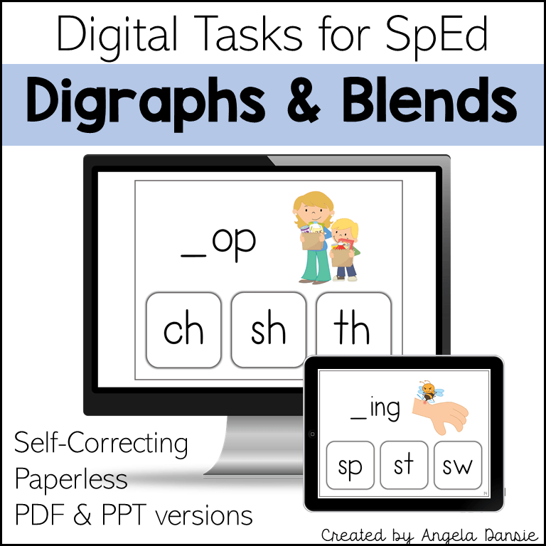 Digital product cover for 'Digraphs & Blends' self-correcting paperless tasks for SpEd, showing a computer monitor and tablet mockup with example spelling activities and the creator name Angela Dansie.
