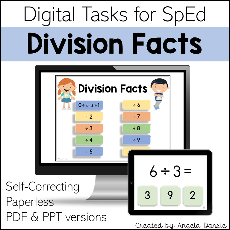 Digital product cover for 'Division Facts' self-correcting paperless PDF and PPT tasks for SpEd, shown on a desktop monitor and tablet mockup with colorful division equations.