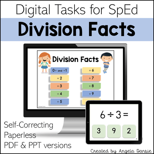 Digital product cover for 'Division Facts' self-correcting paperless PDF and PPT tasks for SpEd, shown on a desktop monitor and tablet mockup with colorful division equations.