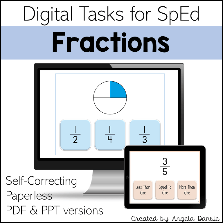 Digital educational resource cover for 'Fractions' digital tasks for SpEd, showing a computer monitor and tablet mockup with fraction worksheets, text reading 'Self-Correcting Paperless PDF & PPT versions', and creator credit 'Created by Angela Dansie'.