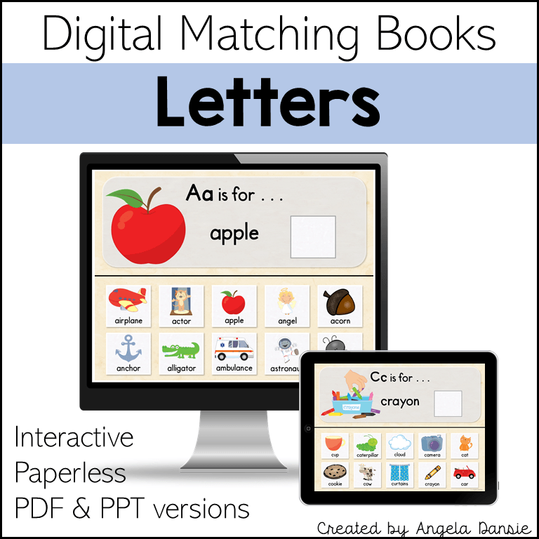 Digital preview graphic for a matching book set titled 'Letters' showing a desktop monitor and tablet with educational letter-matching activities, text reading 'Interactive Paperless PDF & PPT versions,' and 'Created by Angela Danie.'.