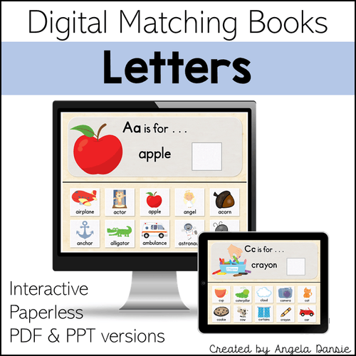 Digital preview graphic for a matching book set titled 'Letters' showing a desktop monitor and tablet with educational letter-matching activities, text reading 'Interactive Paperless PDF & PPT versions,' and 'Created by Angela Danie.'.