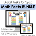 Digital product listing graphic for a 'Math Facts BUNDLE' designed for SpED students, showing a computer monitor and tablet mockup displaying subtraction and multiplication fact worksheets. Text highlights 'Self-Correcting, Paperless, PDF & PPT versions' and credits 'Angela Dansie' as the creator.