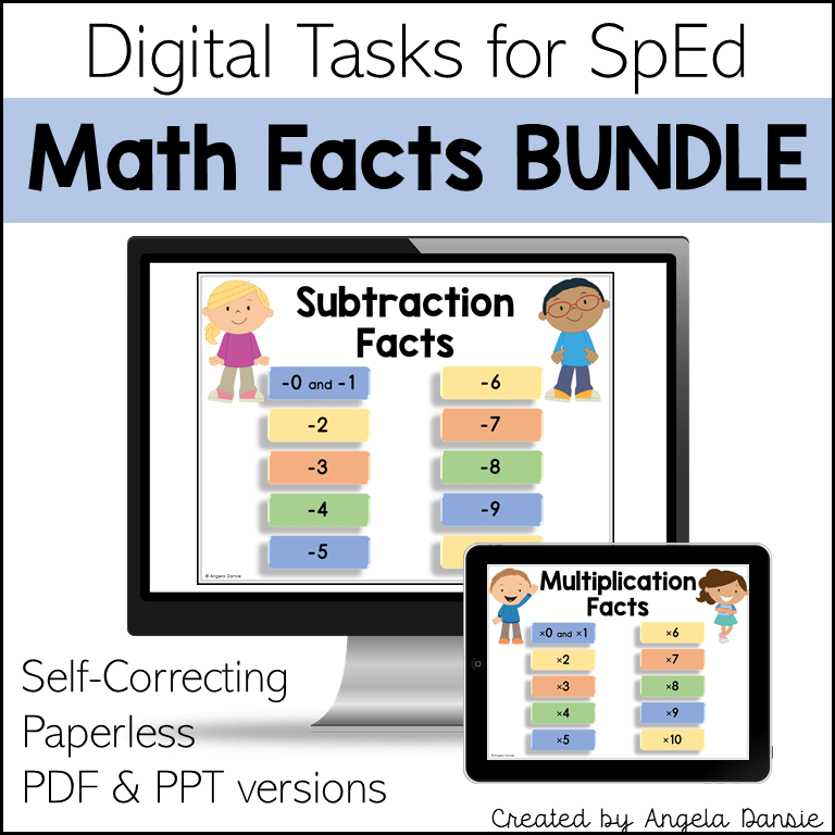 Digital product listing graphic for a 'Math Facts BUNDLE' designed for SpED students, showing a computer monitor and tablet mockup displaying subtraction and multiplication fact worksheets. Text highlights 'Self-Correcting, Paperless, PDF & PPT versions' and credits 'Angela Dansie' as the creator.