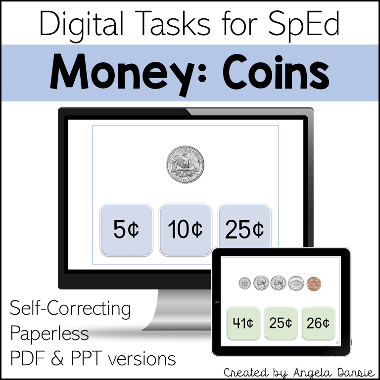 Digital educational resource cover titled 'Money: Coins' for SpEd digital tasks, showing a computer monitor and tablet mockup with coin selection screens, plus text noting self-correcting, paperless, PDF and PPT versions.