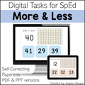 Digital educational task graphic titled 'More & Less' for SpEd, showing a computer monitor and tablet screen with number comparison exercises, self-correcting paperless PDF and PPT versions, and creator credit 'Angela Dansie'.