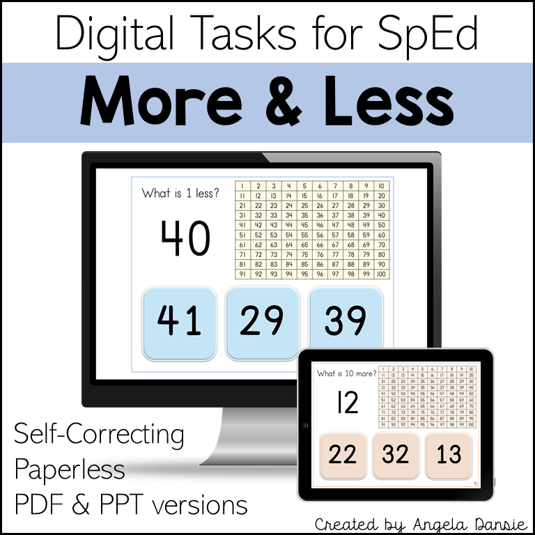 Digital educational task graphic titled 'More & Less' for SpEd, showing a computer monitor and tablet screen with number comparison exercises, self-correcting paperless PDF and PPT versions, and creator credit 'Angela Dansie'.