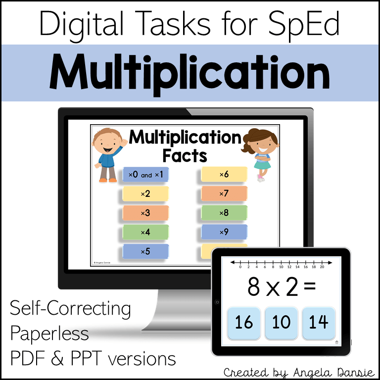 Digital product cover for 'Digital Tasks for SpEd Multiplication' showing a computer monitor and tablet mockup with multiplication fact worksheets, plus text noting self-correcting, paperless, PDF and PPT versions.