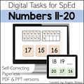 Digital product cover for 'Numbers II-20' self-correcting paperless tasks for SpEd, showing a desktop monitor and tablet mockup with number cards and ten-frames on a white background.