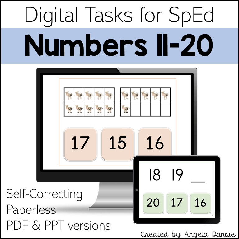 Digital product cover for 'Numbers II-20' self-correcting paperless tasks for SpEd, showing a desktop monitor and tablet mockup with number cards and ten-frames on a white background.