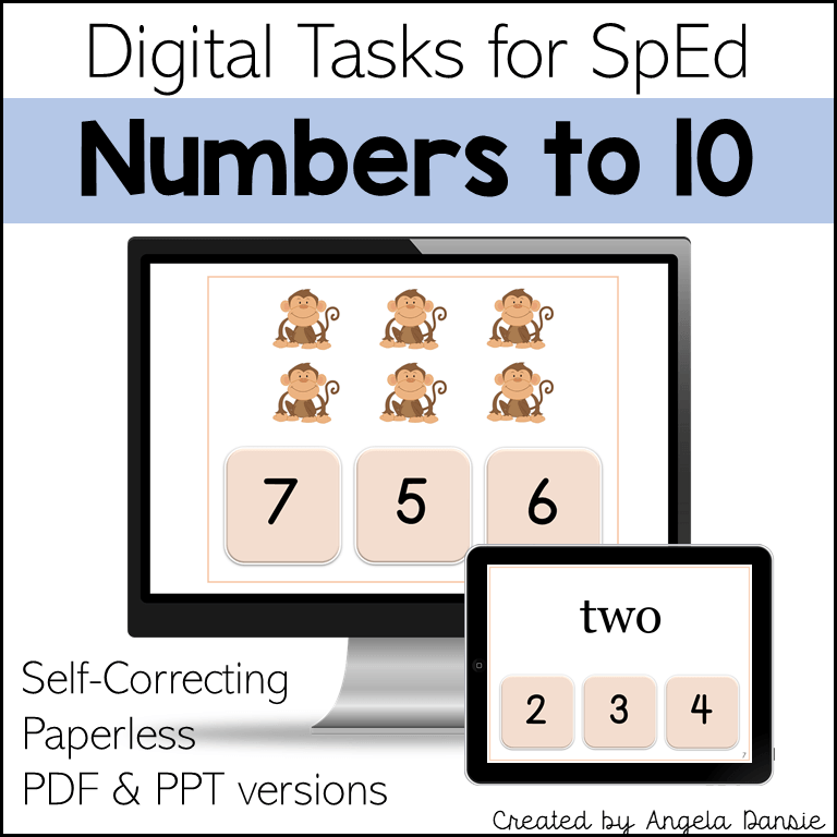 Digital educational task graphic titled 'Numbers to 10' for SpEd, showing a computer monitor and tablet mockup with monkey counting exercises and number options. Text reads 'Self-Correcting Paperless PDF & PPT versions' and 'Created by Angela Dansie'.