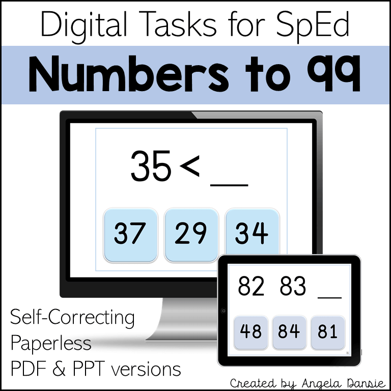 Digital cover graphic for educational worksheets titled 'Numbers to 99' for SpEd digital tasks. The design shows a computer monitor and tablet mockup displaying number comparison exercises, with text noting self-correcting, paperless, PDF and PPT versions, created by Angela Danie.