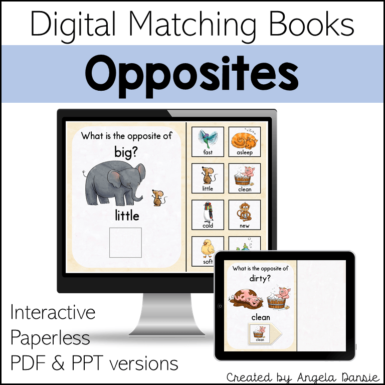 Digital preview for a matching book set titled 'Opposites' showing a computer monitor and tablet screen with educational matching exercises. Text at the top reads 'Digital Matching Books' and 'Opposites,' with additional text noting interactive, paperless, PDF and PPT versions.