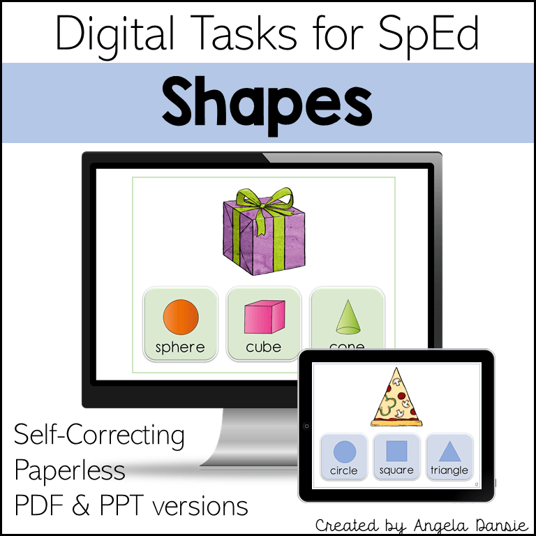 Digital educational resource cover titled 'Digital Tasks for SpEd Shapes' showing a desktop monitor and tablet mockup with shape icons and a gift box/pizza graphic, plus text noting self-correcting, paperless, PDF and PPT versions.
