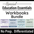 Promotional graphic for a Special Education Essentials Workbooks Bundle by Angela Dansie. The design features four colored preview boxes at the bottom showing different workbook bundles: Reading, Writing, Social Studies, and Science. No Prep. Differentiated.