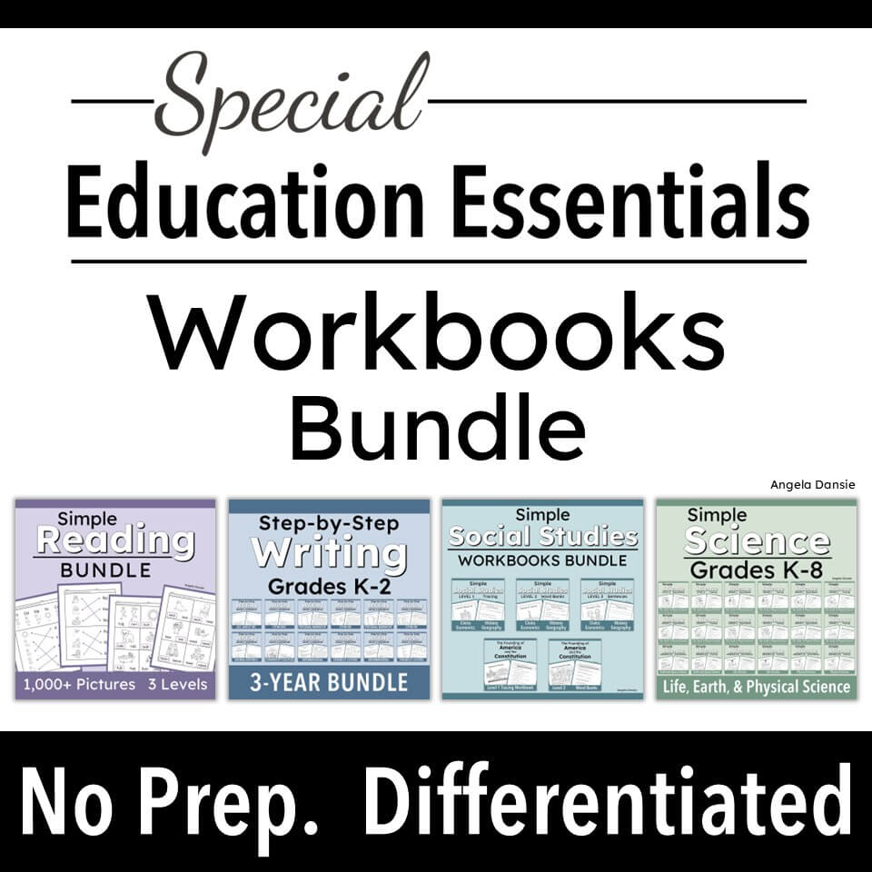 Promotional graphic for a Special Education Essentials Workbooks Bundle by Angela Dansie. The design features four colored preview boxes at the bottom showing different workbook bundles: Reading, Writing, Social Studies, and Science. No Prep. Differentiated.