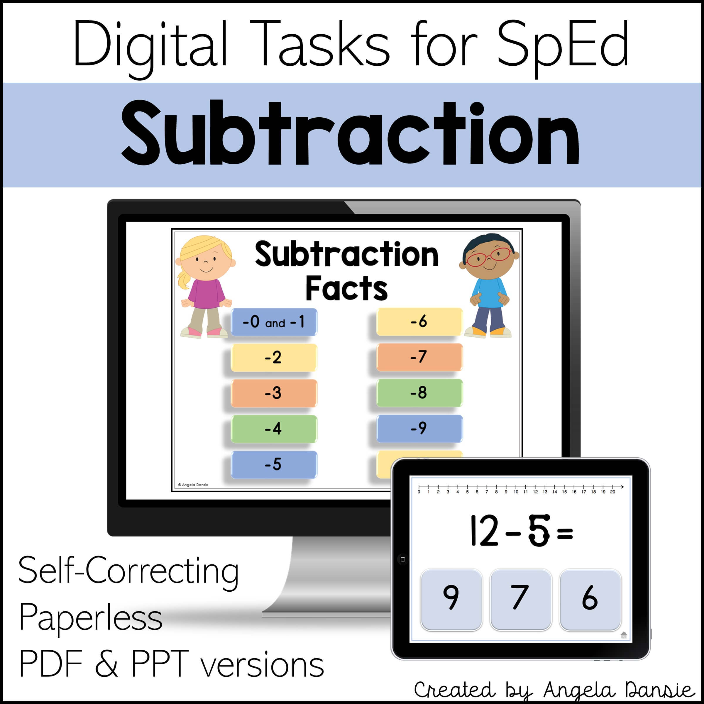 Digital Subtraction Tasks for SpEd educational resource cover, featuring a computer monitor and tablet mockup displaying colorful subtraction fact worksheets and a single equation problem, with text noting self-correcting, paperless, PDF and PPT versions.