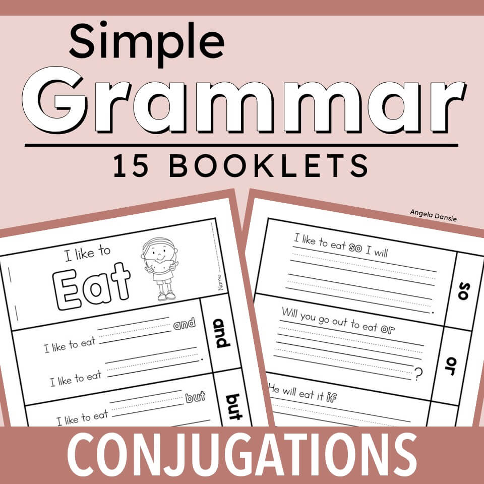 Promotional graphic for a grammar booklet set titled 'Simple Grammar 15 Booklets' with the word 'Conjugations' at the bottom. Two sample worksheet pages are shown, featuring black-and-white printable exercises on grammar patterns.