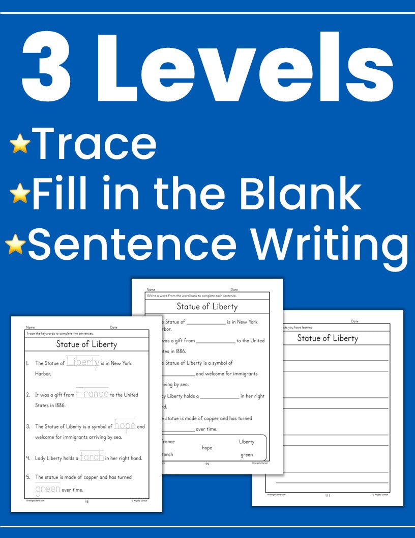 Promotional graphic for a 3-level educational worksheet set, featuring the text '3 Levels Trace Fill in the Blank Sentence Writing' in white on a blue background, with three sample worksheet pages shown at the bottom.