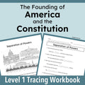 The Founding of America and the Constitution Level 1 Tracing Workbook cover, featuring a light blue background with two sample worksheet pages showing "separation of powers".