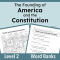 Digital banks titled 'The Founding of America and the Constitution' with two sample worksheet pages shown on a light blue background.