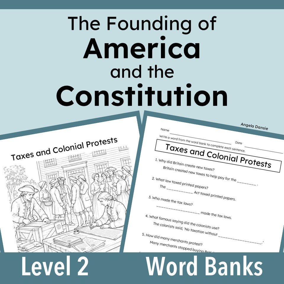 Digital banks titled 'The Founding of America and the Constitution' with two sample worksheet pages shown on a light blue background.