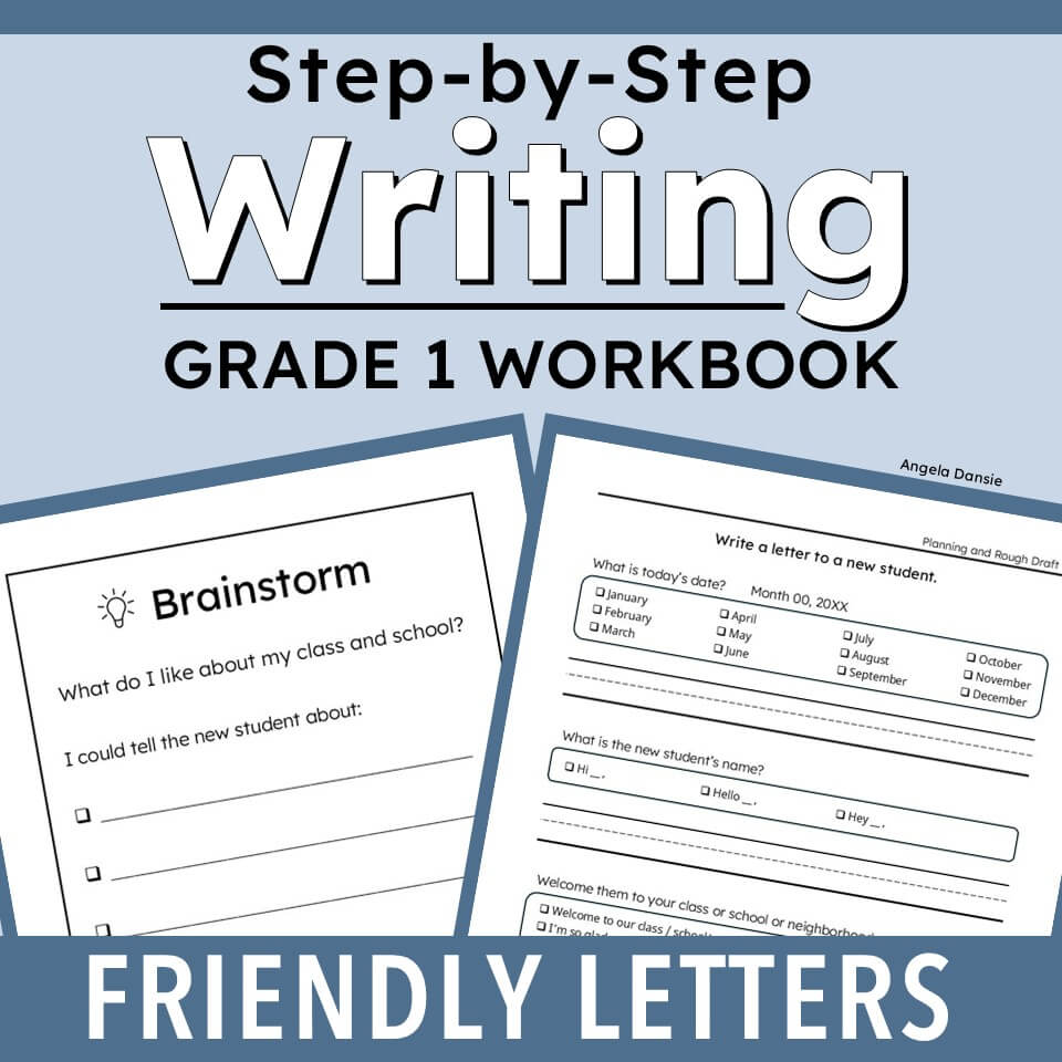 Grade 1 writing workbook cover titled 'Step-by-Step Writing Grade 1 Workbook' with sample worksheet pages shown on a light blue background and a dark blue banner reading 'Friendly Letters'.