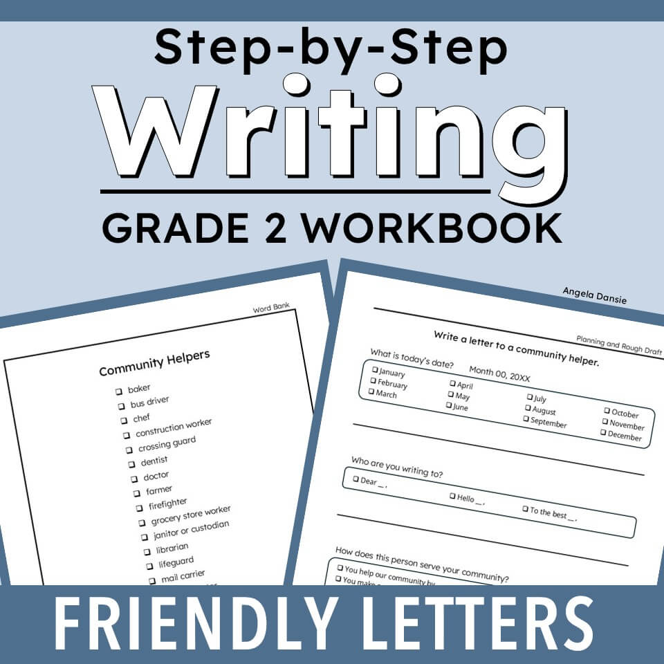 Cover and preview pages of a Grade 2 writing workbook titled 'Step-by-Step Writing Grade 2 Workbook' with the subtitle 'Friendly Letters.' The image shows a light blue background, large white title text, and two sample worksheet pages angled in front of the cover.
