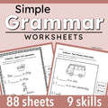 Promotional graphic for printable grammar worksheets, with large text reading 'Simple Grammar Worksheets' on a dusty pink background and two sample worksheet pages shown at the bottom left and right. Text at the bottom says '88 sheets' and '9 skills'.